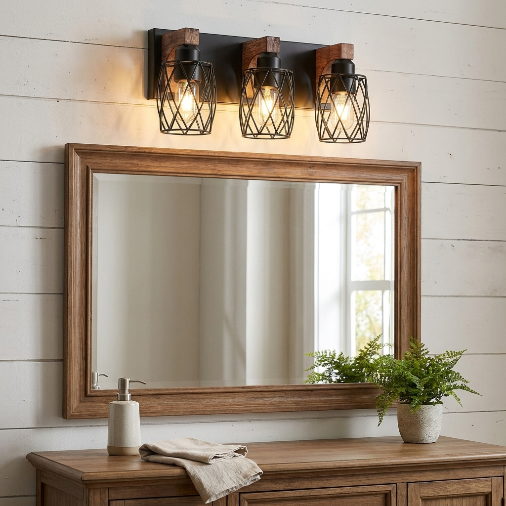 18inch Industrial Vintage 3-Light Wall Sconce Black Cage Wooden