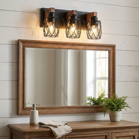 18inch Industrial Vintage 3-Light Wall Sconce Black Cage Wooden