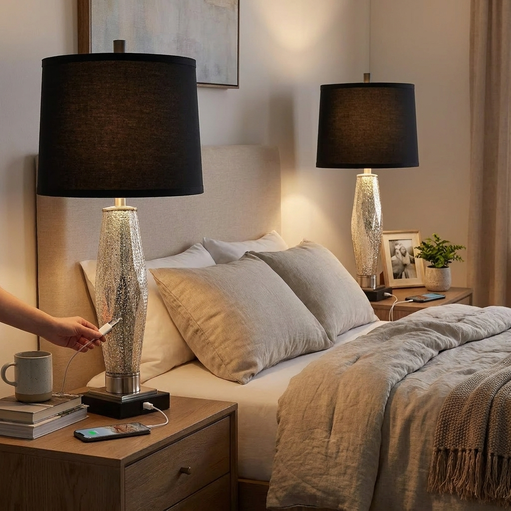 Table Lamps Set Of 2 Bedroom Lamp USB Charging Ports Modern Glass